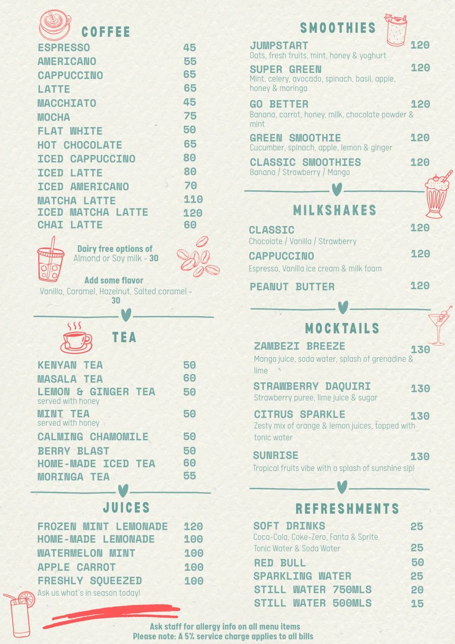 Menu page 3: Coffee, Tea, Juices, Smoothies, Milkshakes, Mocktails, Refreshments