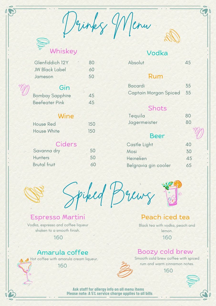 Menu page 5: Drinks Menu - spirits, wine, beer, spiked brews