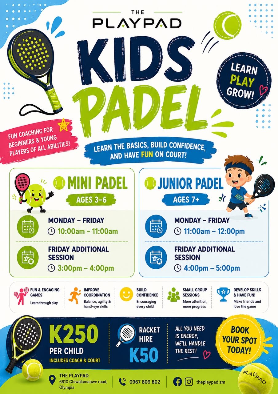 Kids Padel coaching schedule and pricing poster